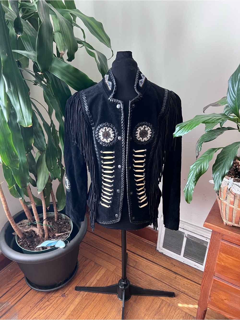 Black Fringe Suede Jacket with Embroidered Conchos